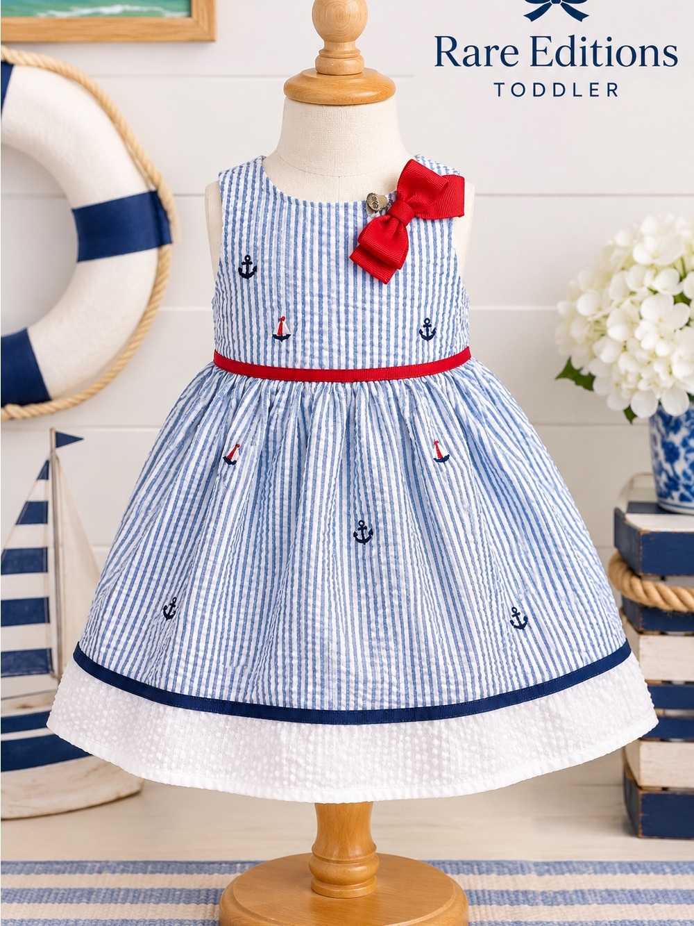 Rare Editions Blue & White Striped Nautical Dress with Red Bow ~ Size 2T